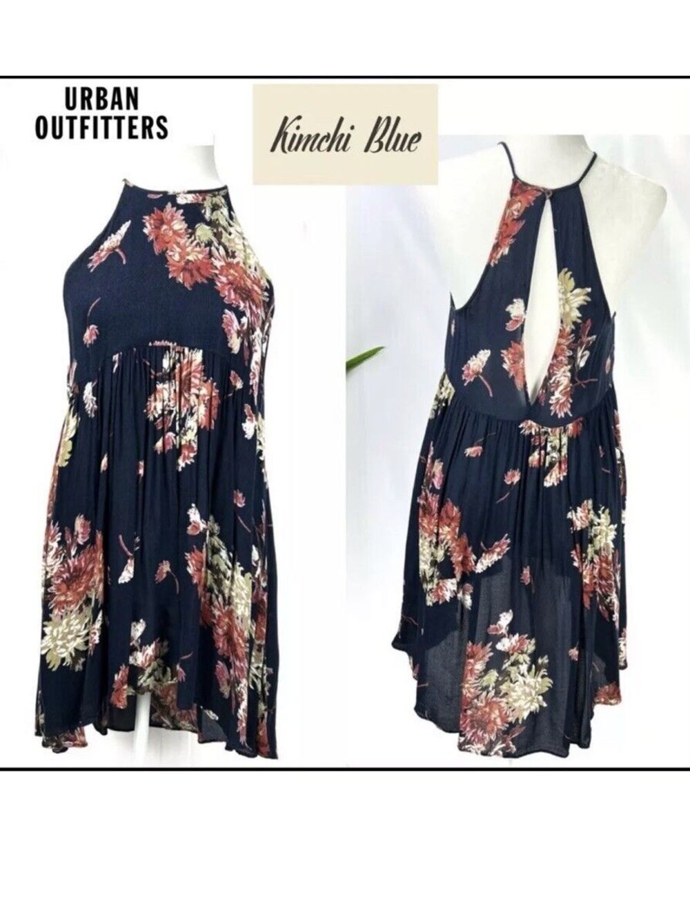 Kimchi Blue Urban Outfitters Dress Hi Lo Womens XS Navy Rust Sleeveless Floral